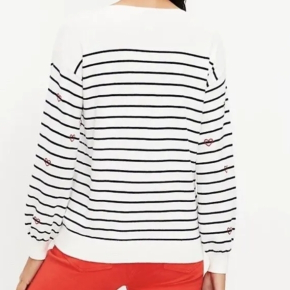 NEW! LOFT Cotton Blend Striped Embroidered Heart Knit Sweater Top. - Picture 3 of 7